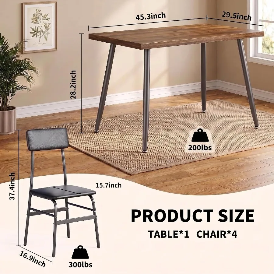 5 Piece Dining Table Set for 4: Modern Metal Wood Kitchen Dinner Table with 4 Chairs, Rustic Brown, Space-Saving for Small Spac