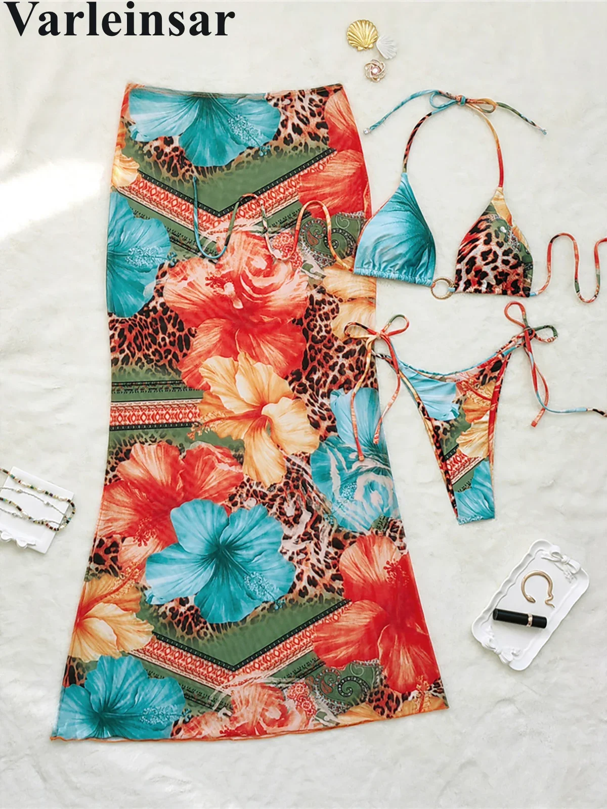 

S - XL Printed Leopard With Skirt Bikini Female Swimsuit Women Swimwear Three-pieces Bikini set Bather Bathing Suit Swim V6449