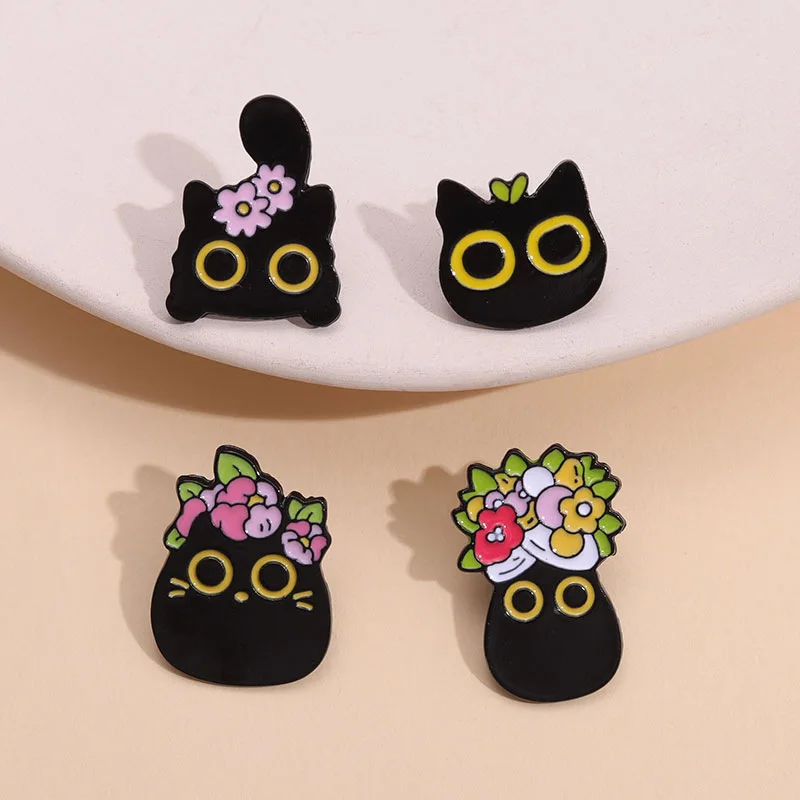 4-7pcs Black Cats Enamel Pins Cartoon Kitten Terrarium Floral Animal Brooches Lapel Badges Funny Jewelry Gift For Fans Friends