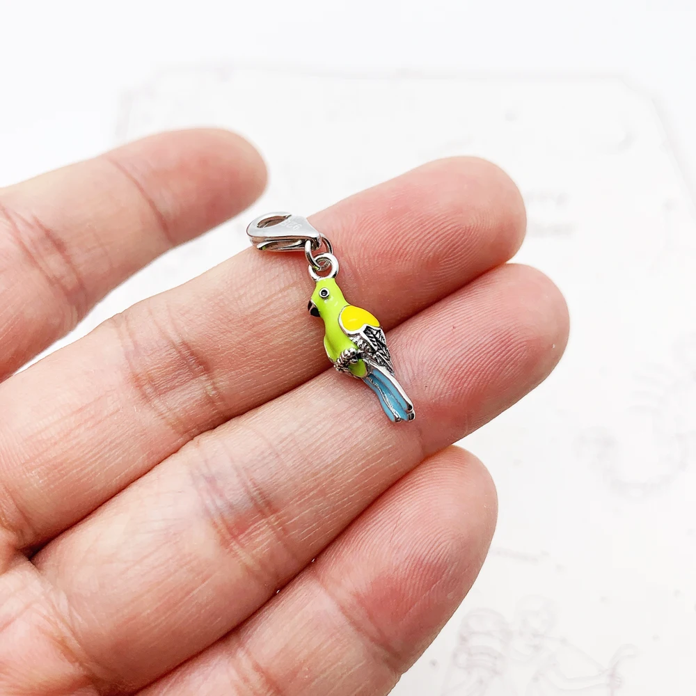 New Bird Pendant Green Enamel Parrot Charm 925 Sterling Silver Fashion Jewelry For Woman Sweater Gift