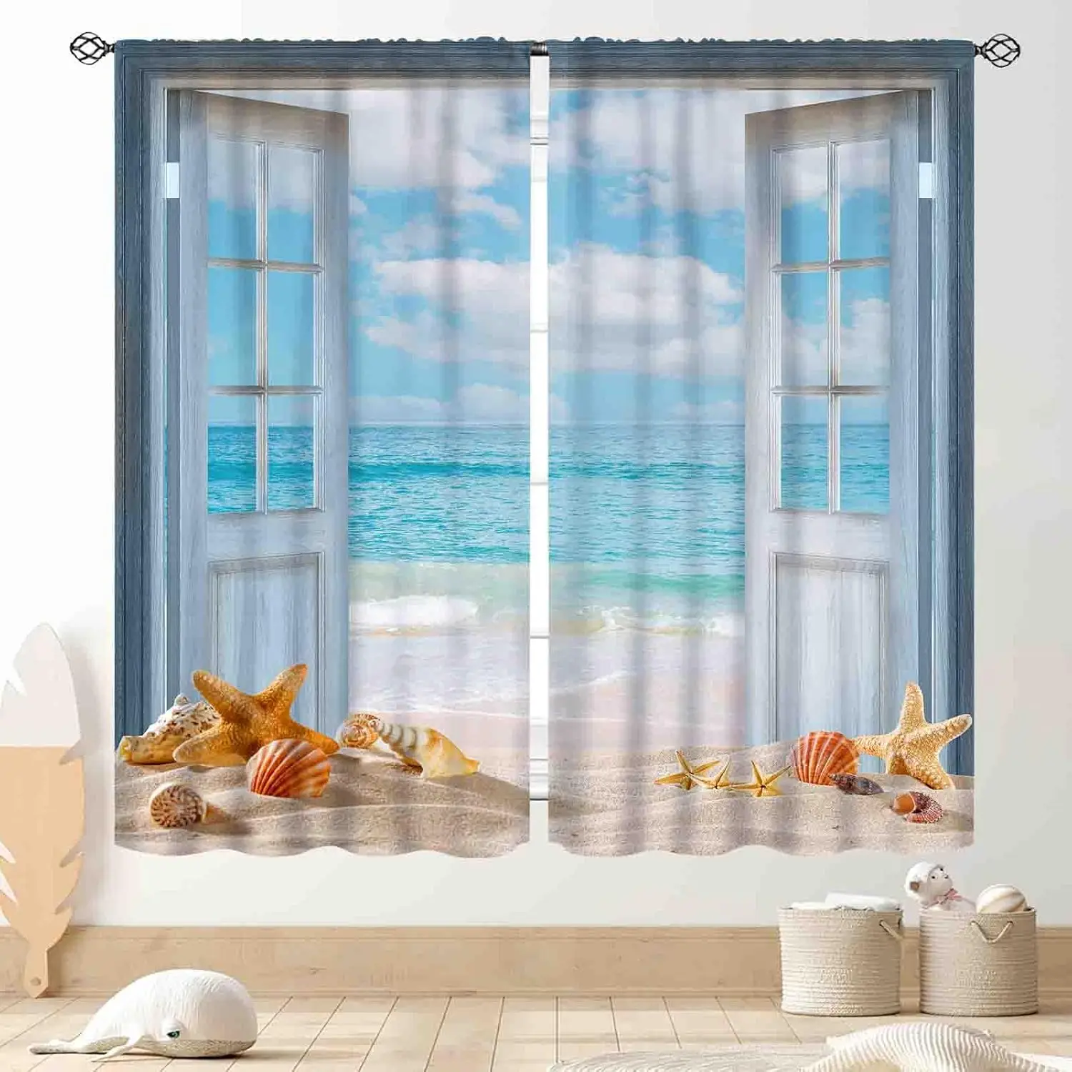 Ocean Beach Curtains, Coastal Nautical Sea Scenery Landscape Scenic Starfish Beachy Summer Window Drapery Treatments for Bedroom