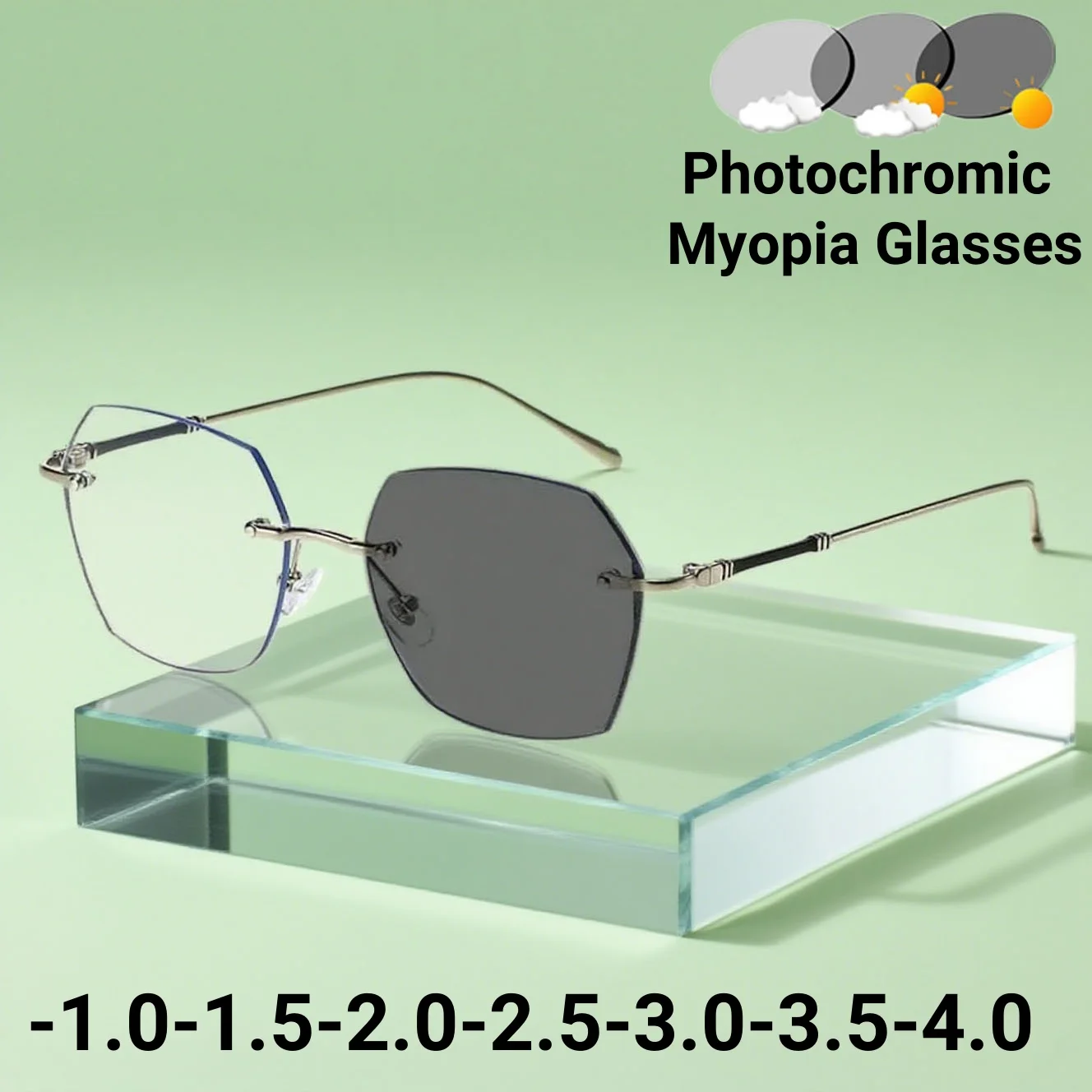 

Women's Fashion Frameless Photochromic Myopia Glasses Men Oversized Anti Blue Light Near Sight Eyeglasses Eye Protection Diopter