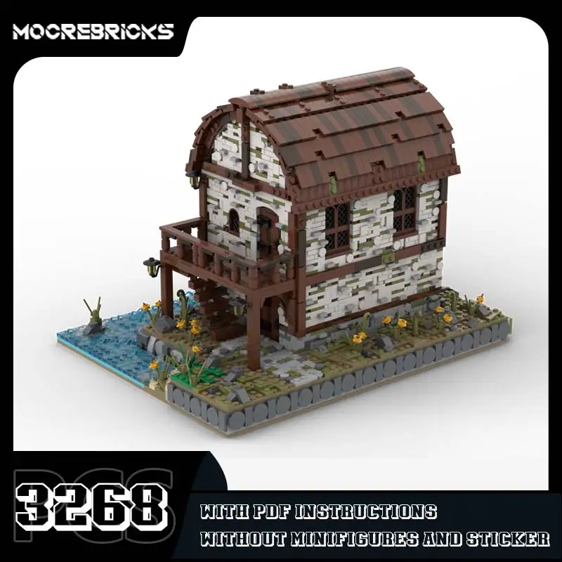 MOC-169846 Medieval Watermill Building Blocks Landmark Street View Model Assembly Creative Bricks Toy Children's Xmas Gift