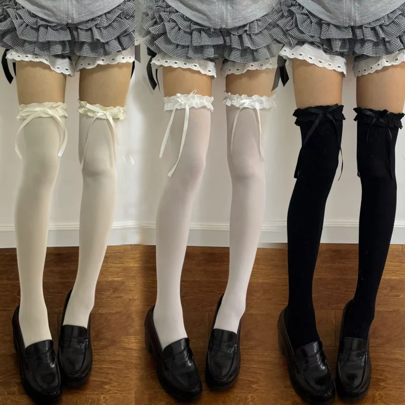 

Lolita Over The Knee Socks Women Girls Sweet Ruffle Lace Stockings Japanese Kawaii Bowknot Hosiery Black White Thigh Long Socks