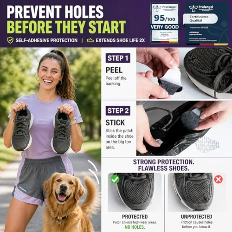 Shoe Heel Repair and Big Toe Hole Preventer Patch Kit: Stick-On, Strong Adhesive, Rip-Stop, Soft Suede, 4 Pairs Multi-Size for view 4