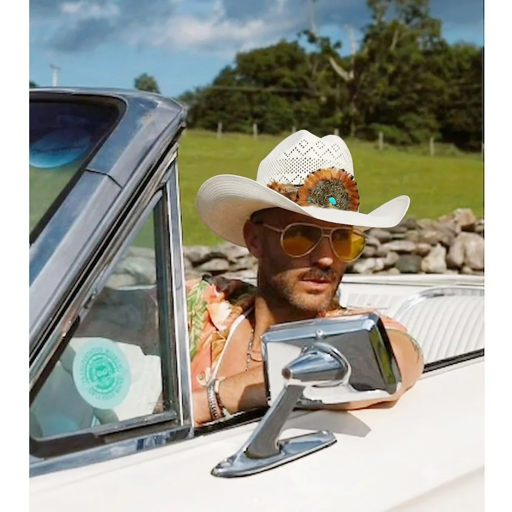 Vintage Milk White Hollow Straw Western Cowboy Hat with Pheasant Feather Turquoise Accent Boho Mexican Cowgirl hat Sun Hats