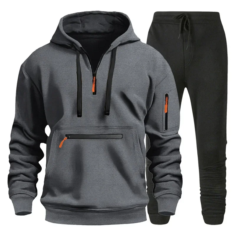 

Autumn and winter new solid-color men's zippered sweatshirt sportswear set, outdoor men's pullover and pants 2-piece set
