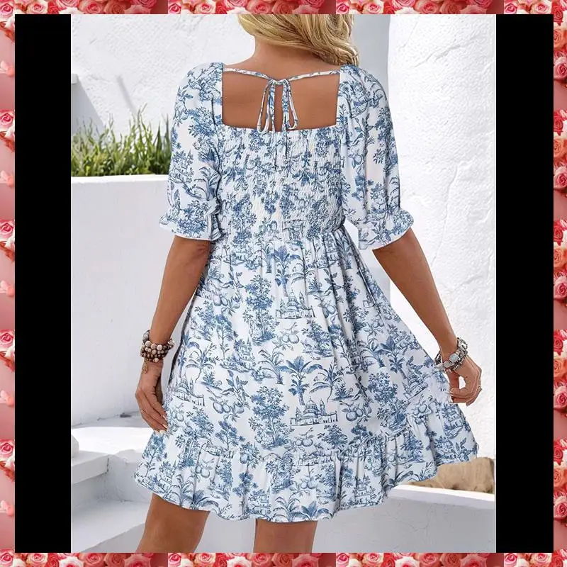 Vestidos casuales de verano para mujer, manga corta, cuello cuadrado, ahumado, vestido veraniego floral bohemio, mini vestido fluido de una línea