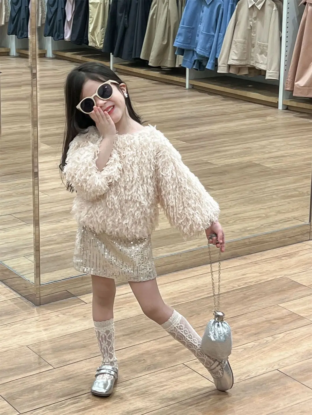 Childrens Sets Feather Long Sleeve Tops Sequin Skirt Fashion 2024 Autumn New Korean Style Childrens Two Piece Sets