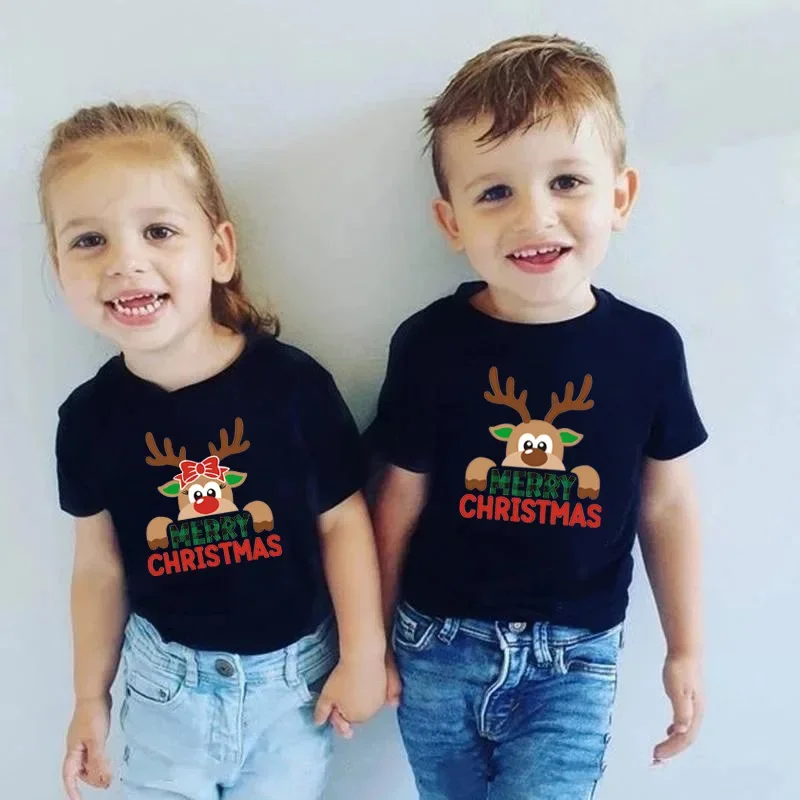 New Reindeer Merry Christmas Print Family Matching Shirts Cotton Look Dad Mom Kids Holiday Xmas T-shrits New Year's Outfits