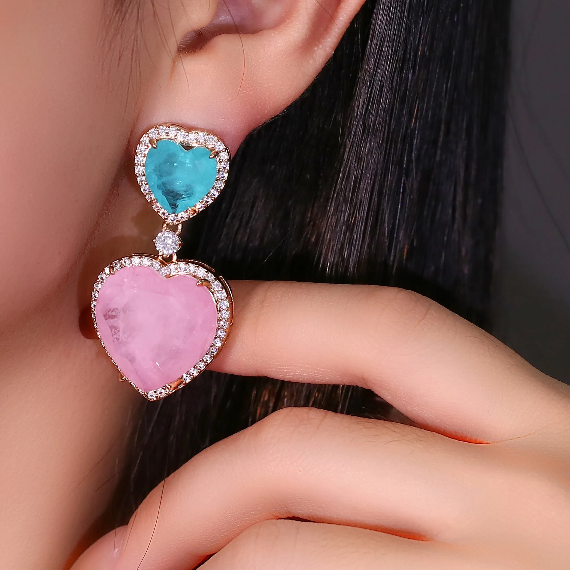 

New Party Colourful Heart Earrings Popular Zirconia Earrings Female Gemstone Copper Gold Plated Earrings