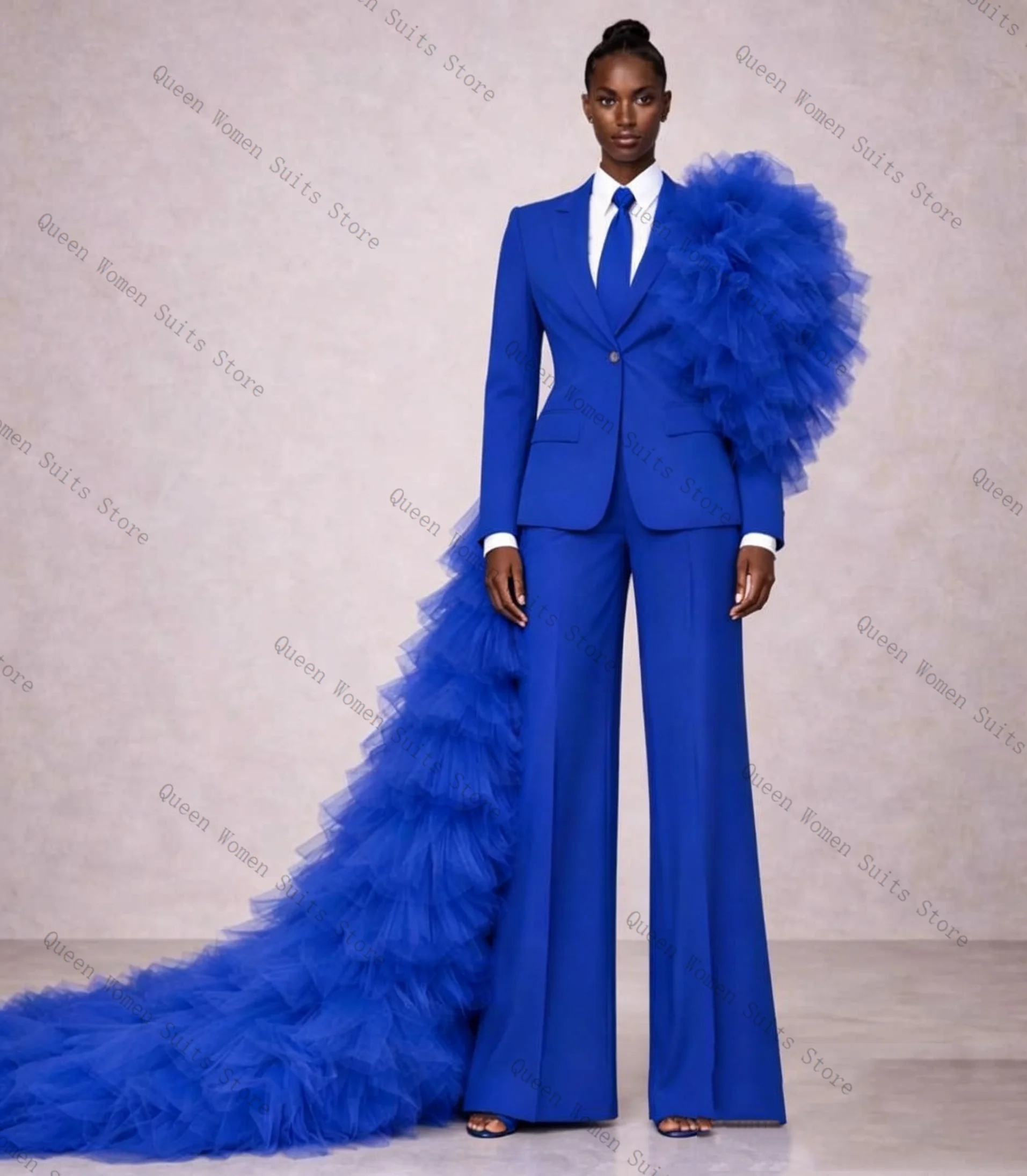 

Royal Blue Wrap Cape Women Suit Set 2 Pcs Blazer+Pants Luxury Spring Formal Office Lady Jacket Wedding Coat Customized