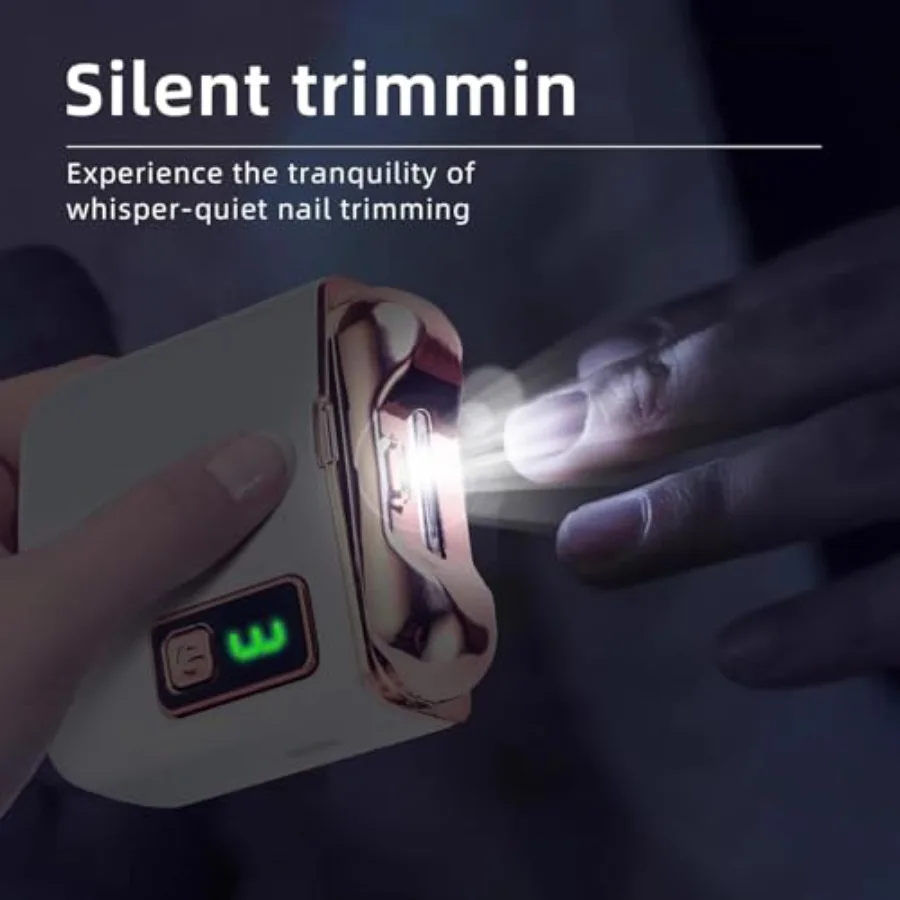 Elektryczny obcinacz do paznokci z oświetleniem LED dla poprawionej widoczności podczas użytkowania. Konstrukcja z możliwością ładowania przez USB zapewnia wygodę i bezpieczeństwo.