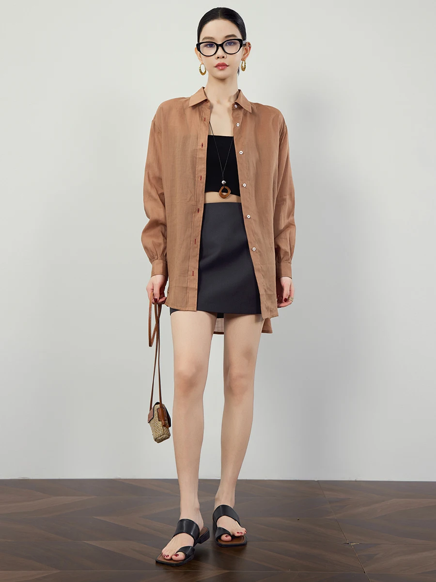 

Свободная женская льняная рубашка в стиле BF с защитой от солнца, прозрачный дизайн, для повседневной носки, модная, с длинным рукавом, однотонная, на пуговицах