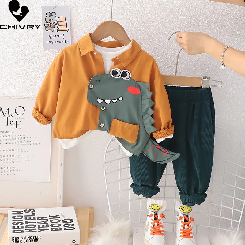 New 2023 Baby Boys Autumn Fashion Cartoon Dinosaur Lapel Jacket Sweatshirt with Pants Kids Fashion Three-piece Clothing Sets