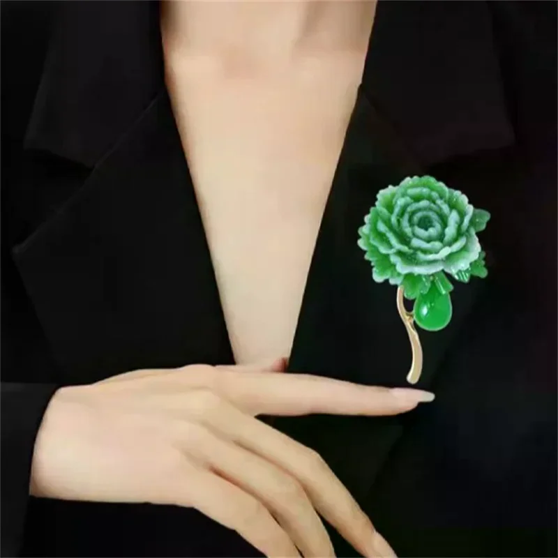 Fashion Exquisite Green Peony Flower Brooch For Women Girls Vintage Anti-slip Pins Versatile Corsage Clothing Accessories Gifts