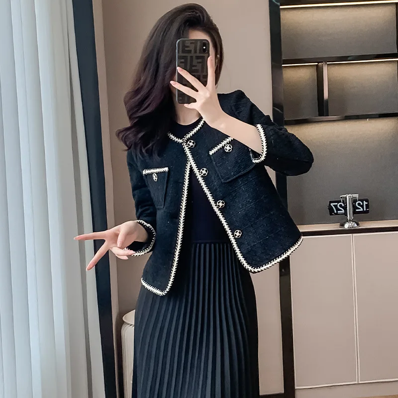 Black Fragrant Jacket Women's Autumn/Winter New Style Slimming Style Short Style Coats