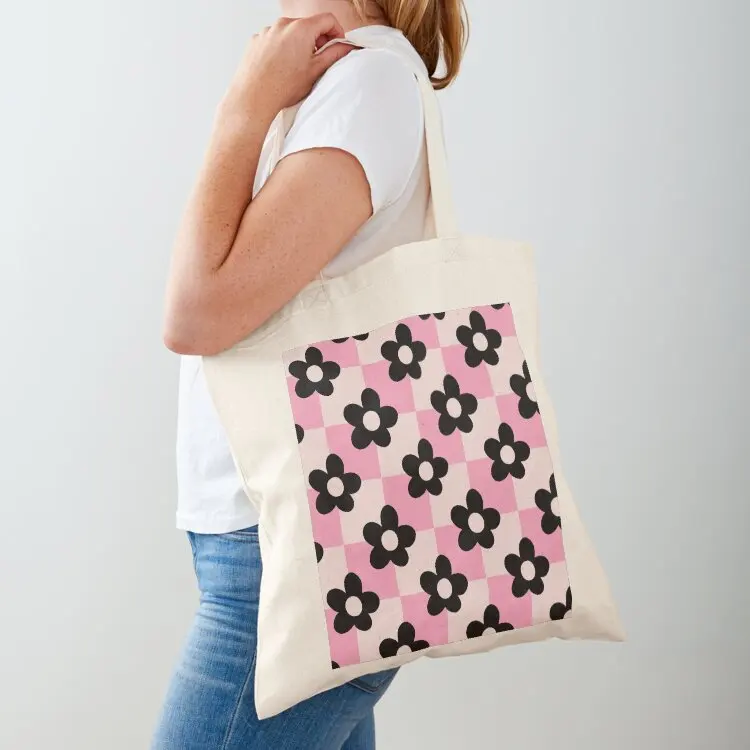

Pink and Black Flower Checkers Tote Bag Large bags for women Customizable tote bag custom tote bag bags woman 2025