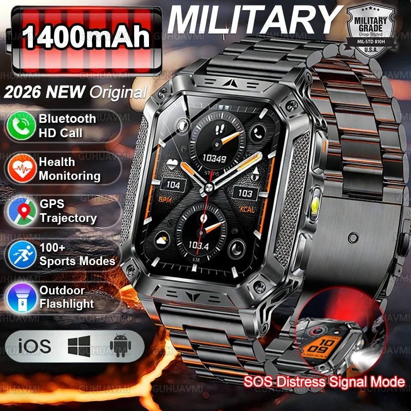

Смарт-часы 2026 Tactics Military Grade с аккумулятором 1400 мАч, водонепроницаемые IP69, GPS, Bluetooth-звонки, AMOLED-экран 2,01 дюйма, спортивные смарт-часы
