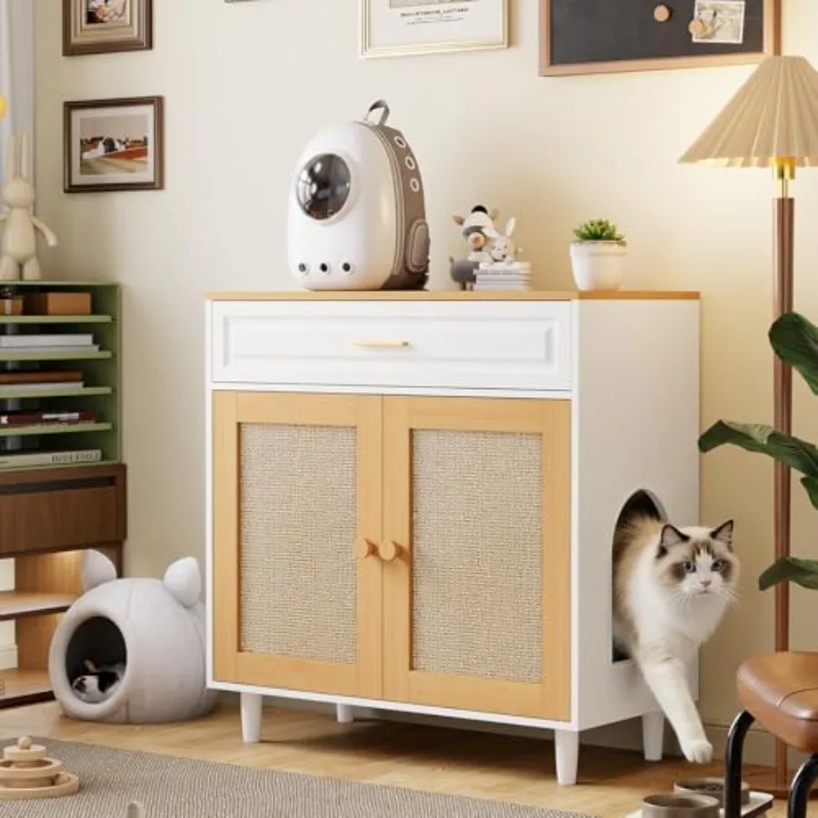 

Cat Litter Box Enclosure, Hidden Litter Box Cabinet with Sisal Scratching Board Doors and Drawer, Dog Proof Enclosure, Cat Hous