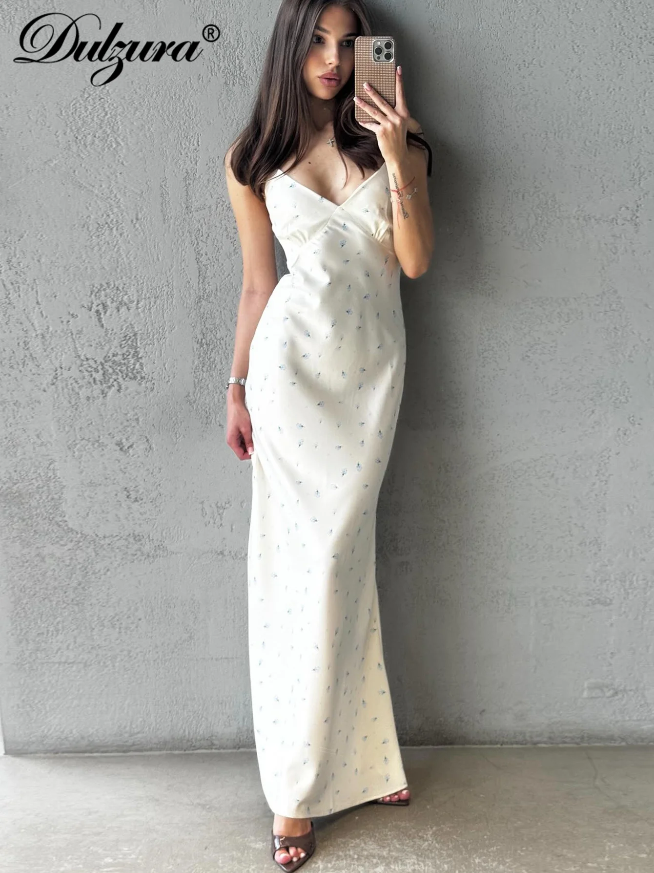 Dulzura Abito lungo da donna senza maniche, senza schienale, vestibilità slim, con spacco laterale, cerniera, stampa Cami, abito lungo, sexy, elegante, casual, abiti da festa