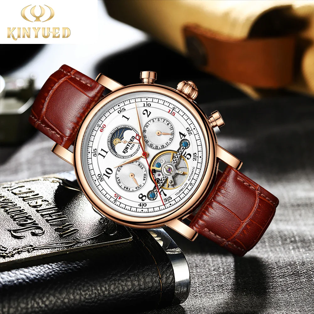 

KINYUED Роскошные часы для мужчин, автоматические механические мужские часы с фазой Луны, полый дизайн, кожаный ремешок, мужские деловые наручные часы