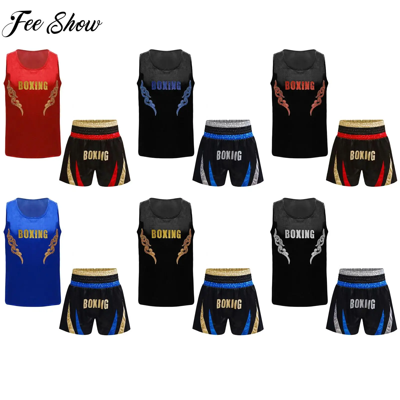 

Unisex Children Boxing MMA Outfit Shiny Sequin Applique Sleeveless Tank Top+Muay Thai Shorts 2 Pcs Set Kids Performance Clothing