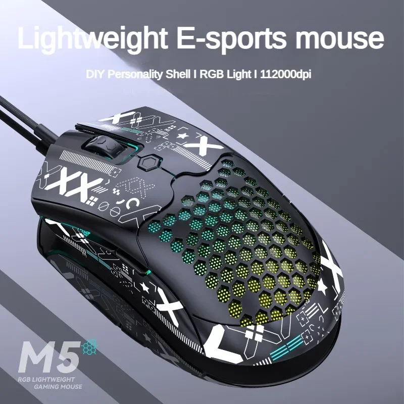 M5 Honeycomb Lightweight USB Wired Mouse Ergonomic RGB PAW3325 Chip 800-12000DPI E-sports Game Mouse for PC Laptop Tablet