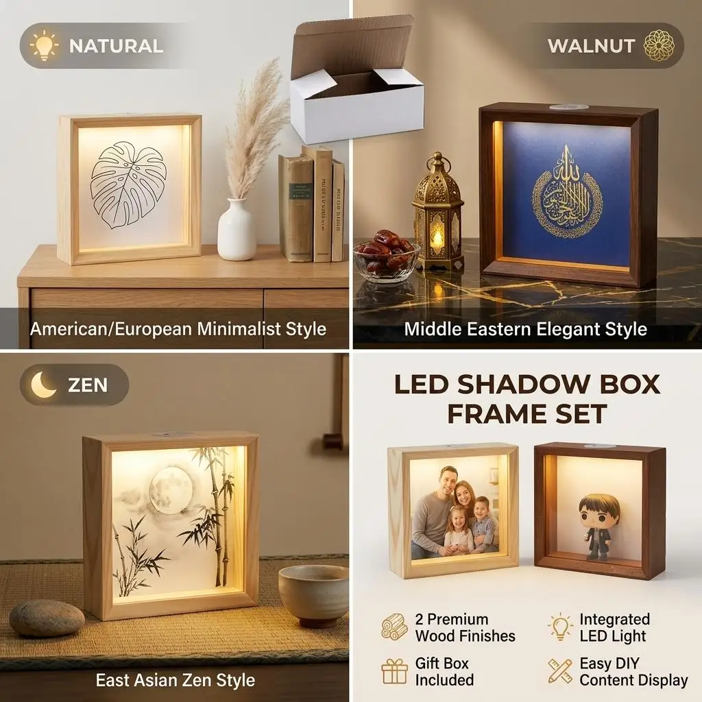 Wooden Shadow Box Frame Led Light Illuminated Display Case Square Hollow Showcase Desktop Memorial Keepsake Picture Frame