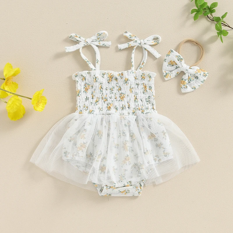 Newborn Girl Outfit Floral Sleeveless Pleated Romper Dress with Hairband Summer Clothes