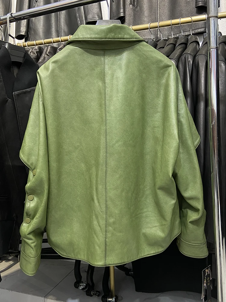 Chaqueta especial de piel de oveja auténtica para mujer, abrigo de cuero Real verde suelto, chaqueta negra, primavera y otoño