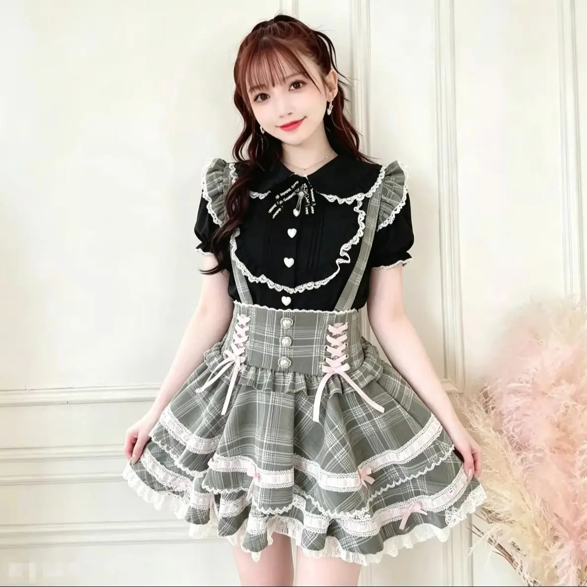 Original Colorblock Ruffles Suspenders Dress High Waist Lolita Skirt Love Button Cute Bow Lace-up School Stduents Puff Skirts
