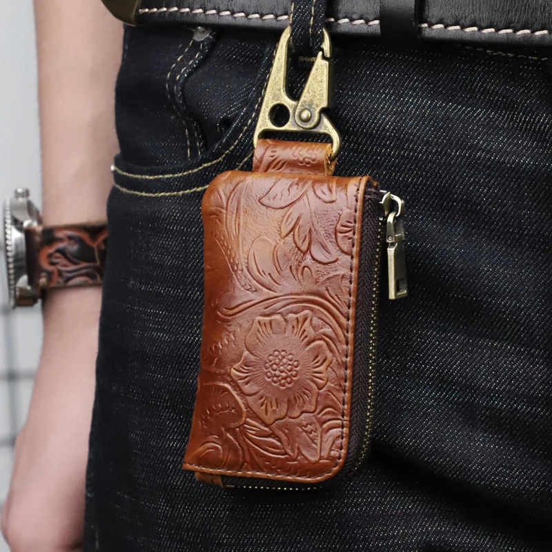 Handmade Genuine Leather Key wallet For Women, Men Car Smart Key Holder Housekeeper Keys Chain Zipper Organizer Bag Purse