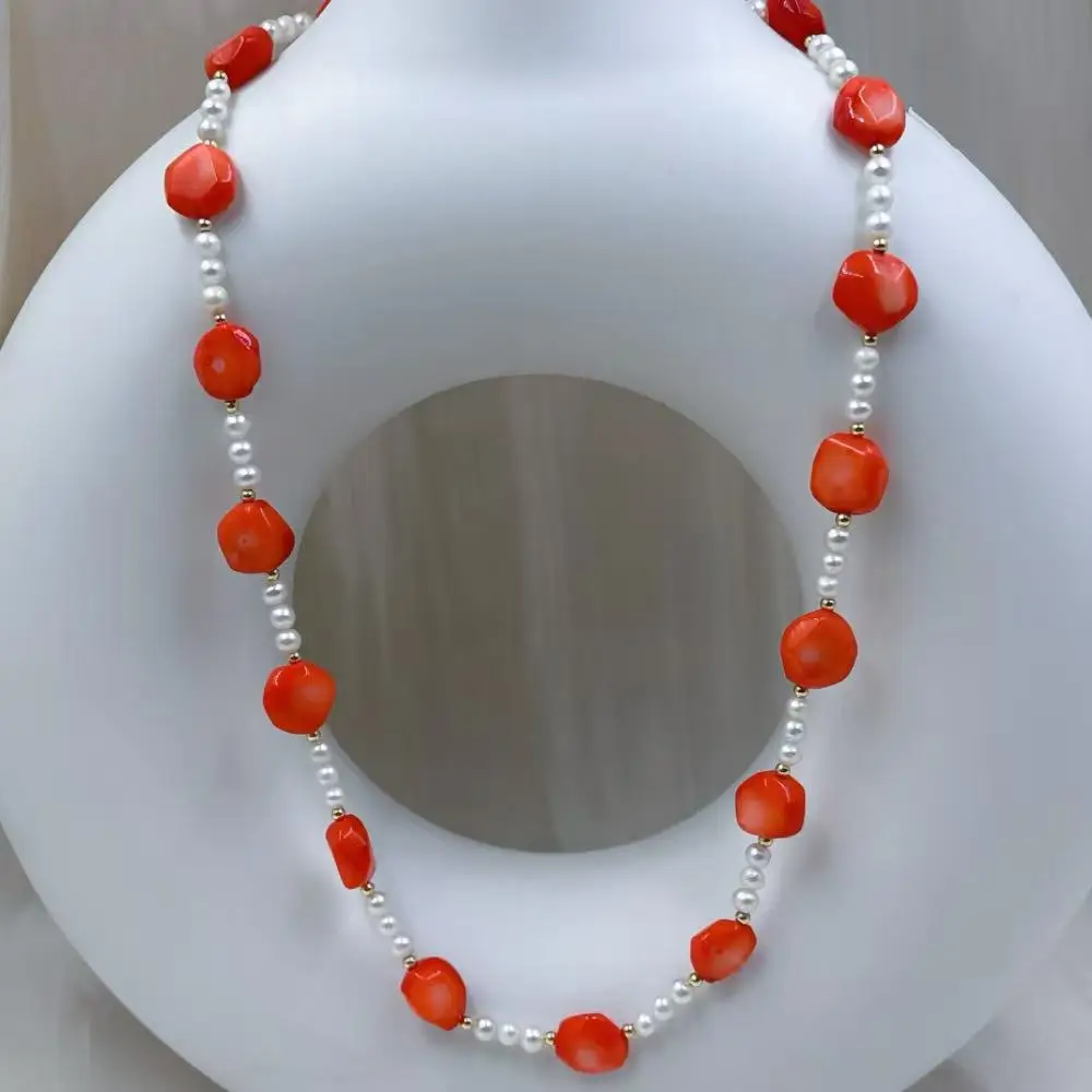4mm Women Jewelry Gift Real Natural Freshwater White Pearl Orange Coral Luxurious Design Gift Wife Necklace