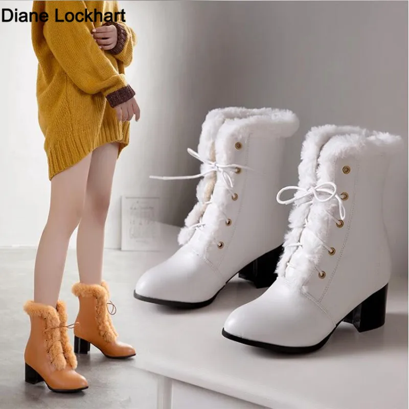 

2023 Autumn Winter Fur Women Ankle Boots Quality Solid Lace-up Ladies Shoes Fashion Square High Heels Boats Botines Mujer 33