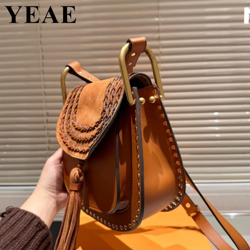 Genuine Leather Saddle Metal Rivet Armpit Bags Women 2023 Tassel Shoulder Crossbody Bag Ladies Vintage Underarm Handbags bolsa