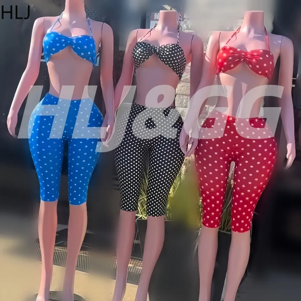 

HLJ&GG Fashion Polka Dot Print Hollow Two Piece Sets Women Sleeveless Backless Slim Crop Top+Shorts Outfits Y2K 2pcs Streetwear