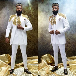 Luxury Men Suits White Groom Wear Wedding Tuxedos Gold Beading  Jacket Pants 3 Pieces Prom Party Dress Blazer Set