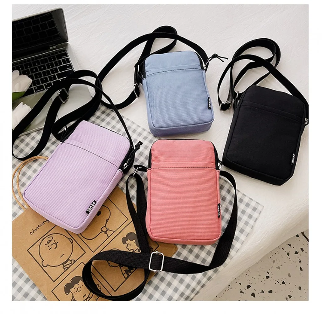 Macaron-colored solid color mobile phone crossbody bag, mini fabric bag, lightweight key and coin purse, stylish travel small sq
