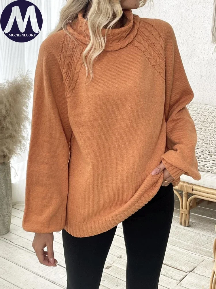 Sweater for Woman Autumn Winter Floral Half High Collar Princess Sleeves Knitted Sweater Fashion Casual Loose Sweaters Pullovers