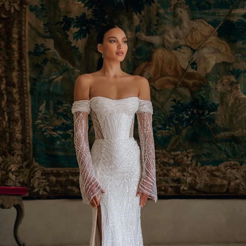 Robes de mariée sirène à manches longues avec poignées amovibles, robes fendues sur le côté, robes de luxe pour les patients, paillettes, Off Initiated