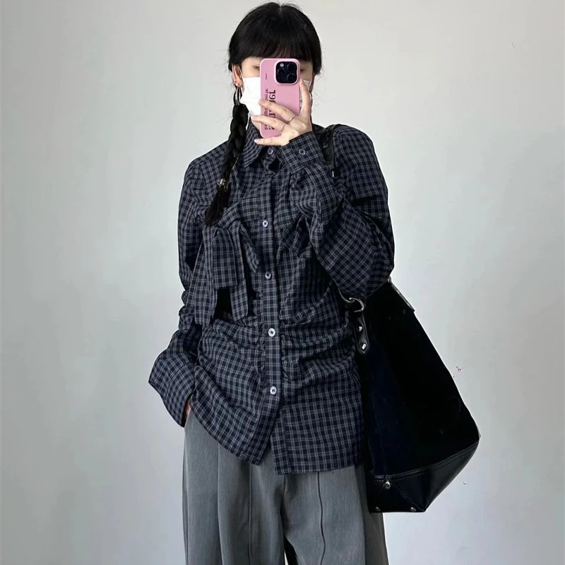 

Полосатая футболка-поло в американском винтажном стиле с бантом на шнуровке, повседневная рубашка в консервативном стиле на пуговицах с длинными рукавами, тонкая однотонная рубашка с лацканами, осень