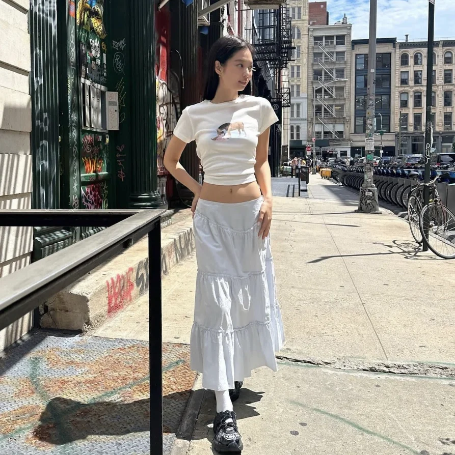 

Low Waist Pleated Midi Skirt Korean Sle Casual Cotton A-Line Skirt Slimming f-length Faionable Women's Skirt