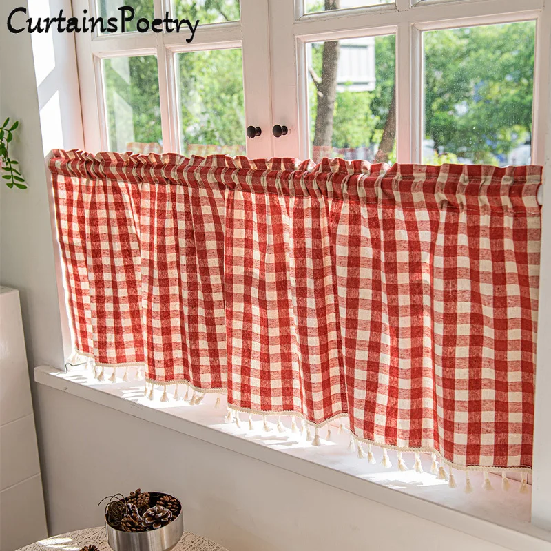 Buffalo Red and White Check Kitchen Window Valance Half Short Gingham Plaid Textured with Tassels Curtain Drapes Home Decoration