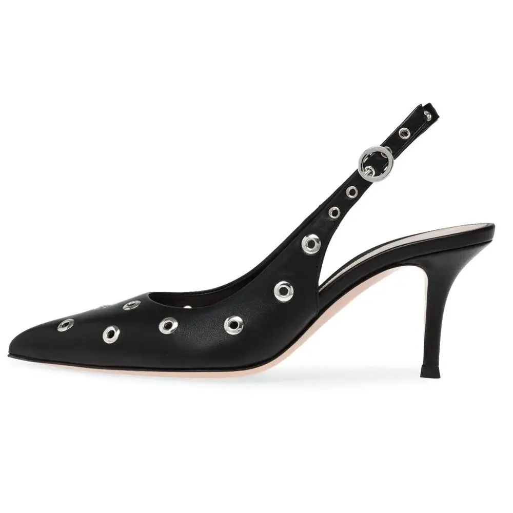 Studded Jibbitz Eyelets Black Large Size Fashionable Pointed Toe Women's Shoes Buckle Slingback Ladies' Trendy New High Heels