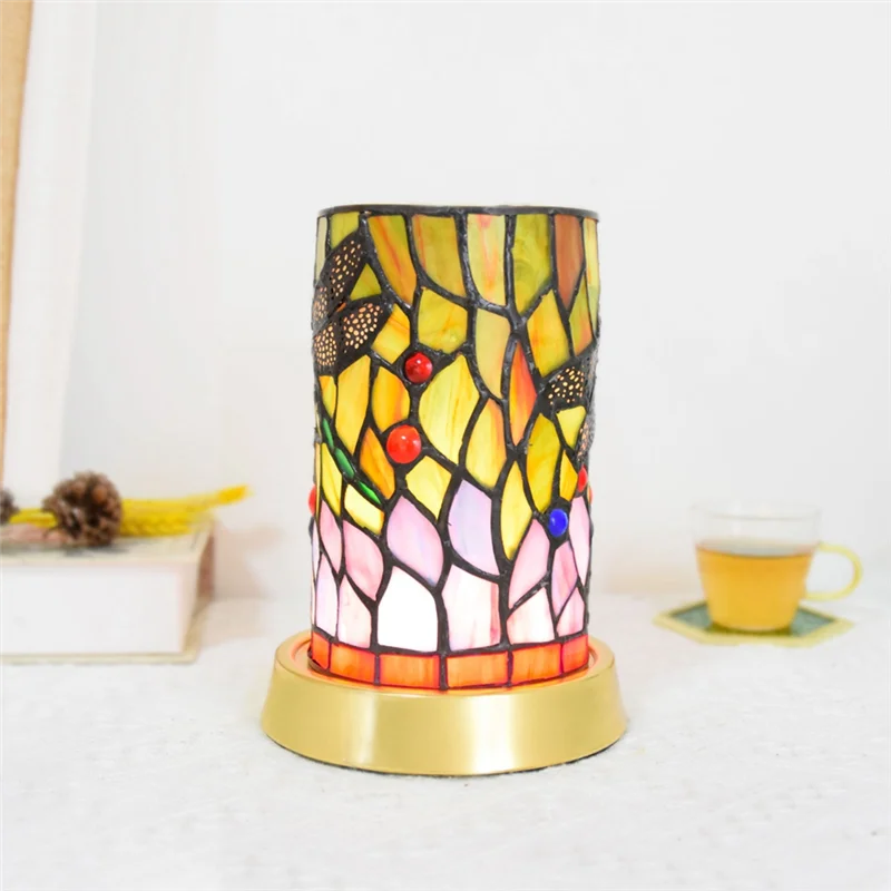 A76K American Country LED Glass Decorative Table Lamp Stained Glass USB Three-Tone Night Light