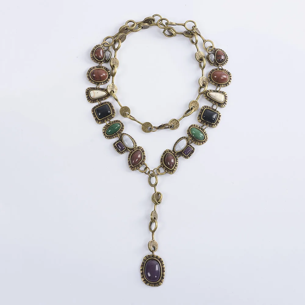 Biżuteria w stylu vintage Akcesoria Boho Antyczne złoto w kolorze młotkowanego metalu Wielokolorowy kamień szlachetny Łańcuszek Długi naszyjnik dla kobiet