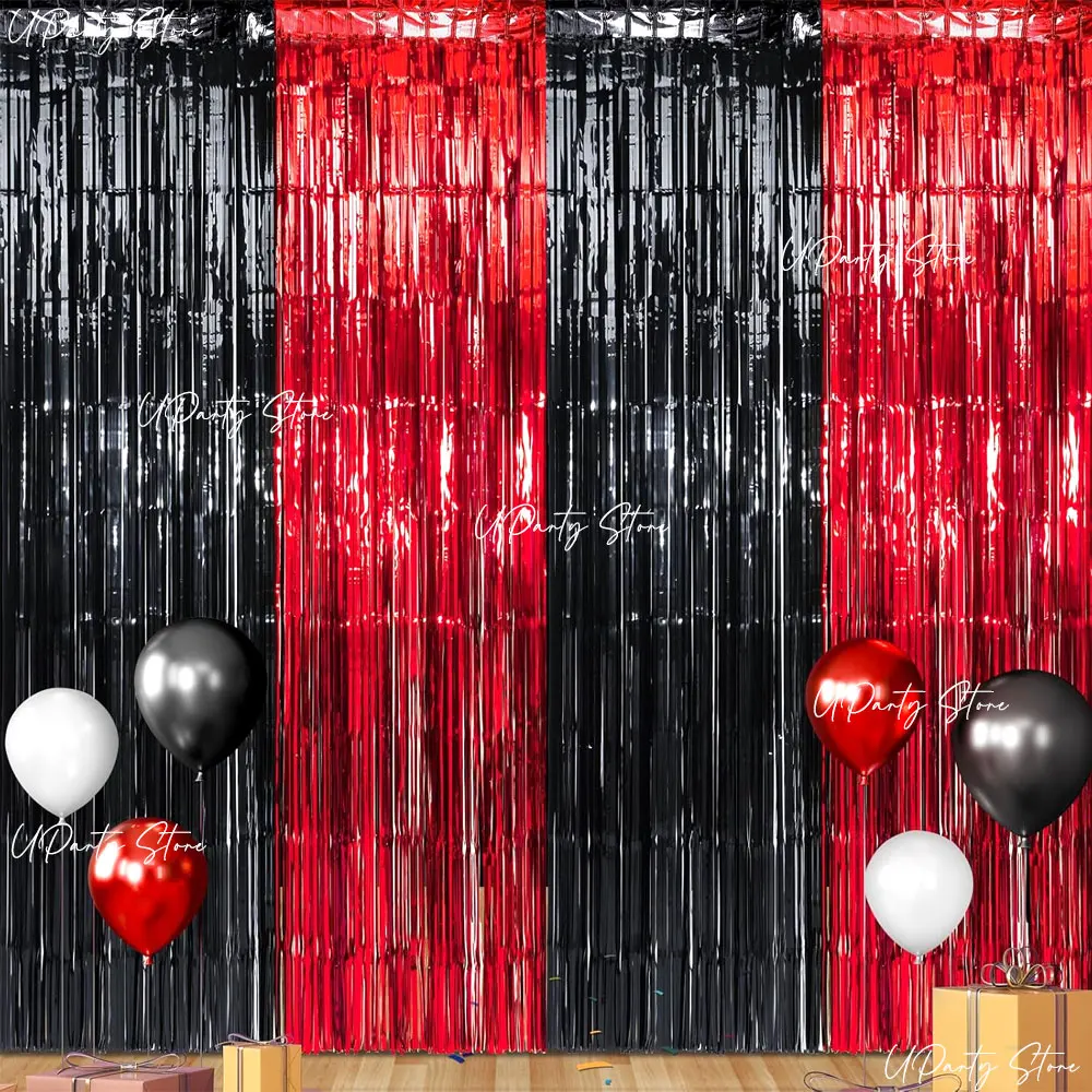 2er-Pack Rot-Schwarze Folien-Fransenvorhänge 6,56 Fuß Schwarzer Lametta-Hintergrund Glitzer-Vorhang für Geburtstag Babyparty Rennwagen-Party Deko
