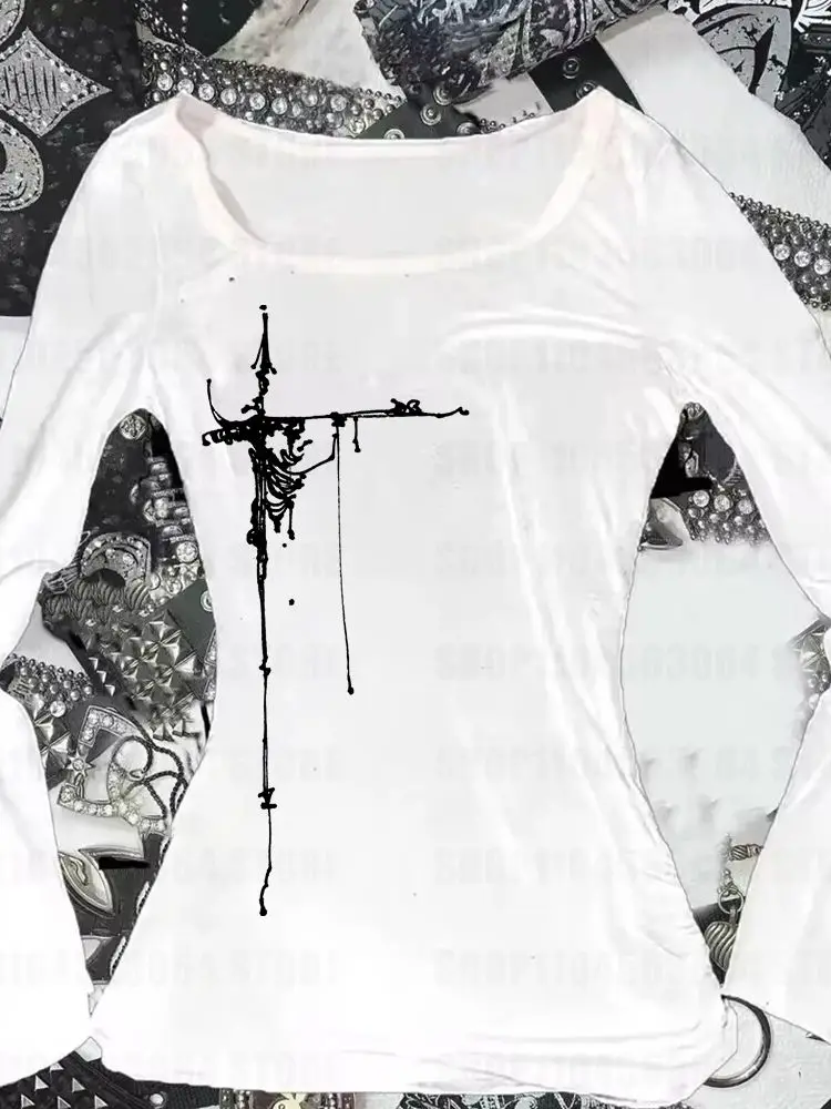 T-shirt manches longues col rond femme, Vintage, imprimé graphique, Slim Fit, haut court, Emo, Streetwear, Y2K, Grunge, années 2000
