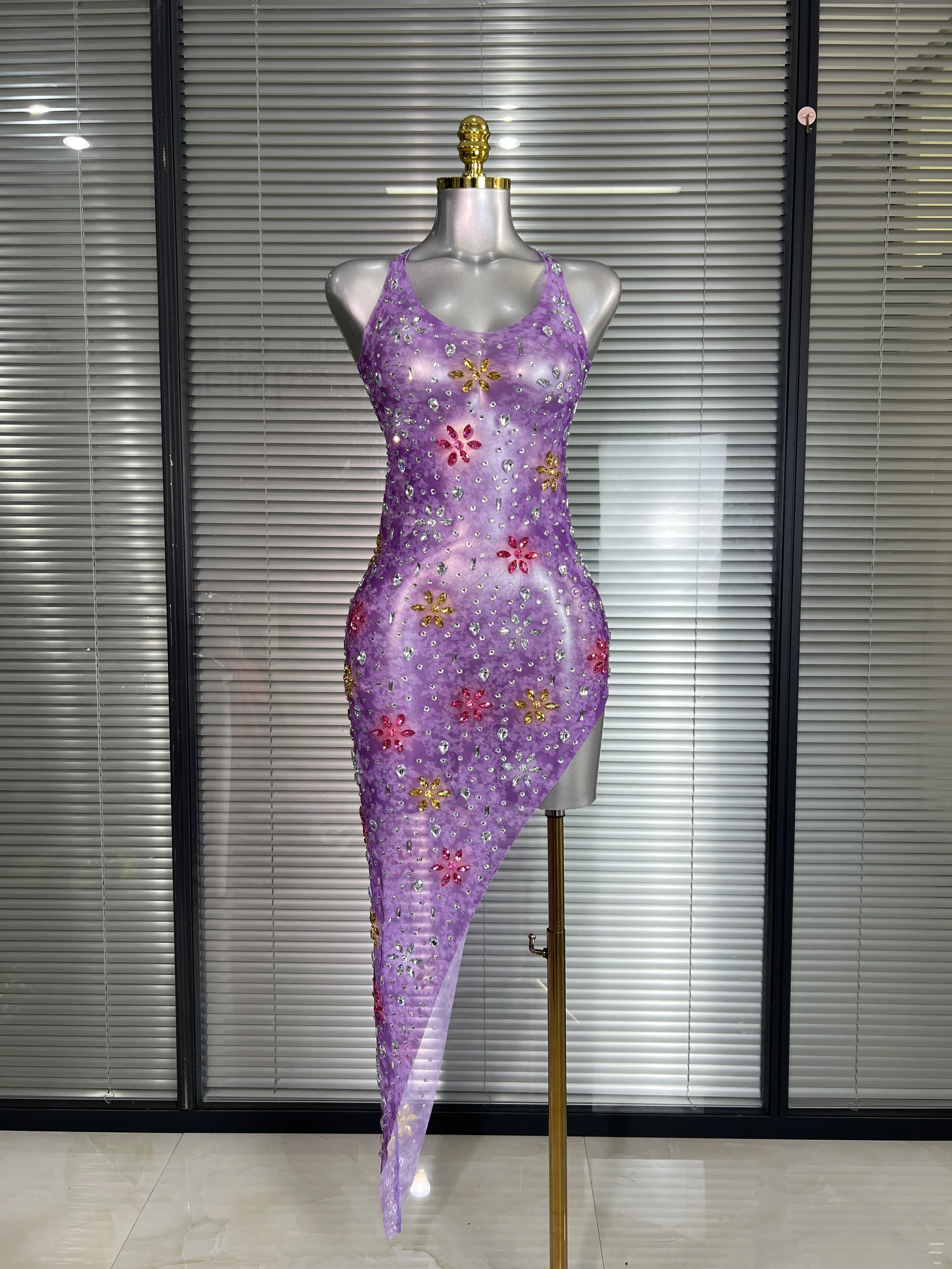 

3 Color Women Sexy Mesh Crystal Flower Purple Costume Stage Dancer See Through Stretchy Night Club Party Dress